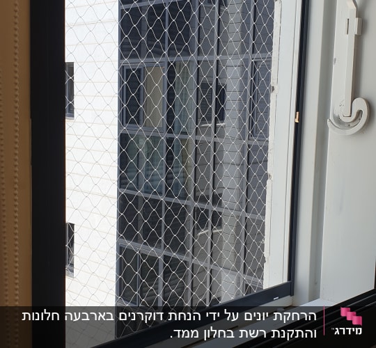 רשת מתכת על חלון למניעת כניסת יונים